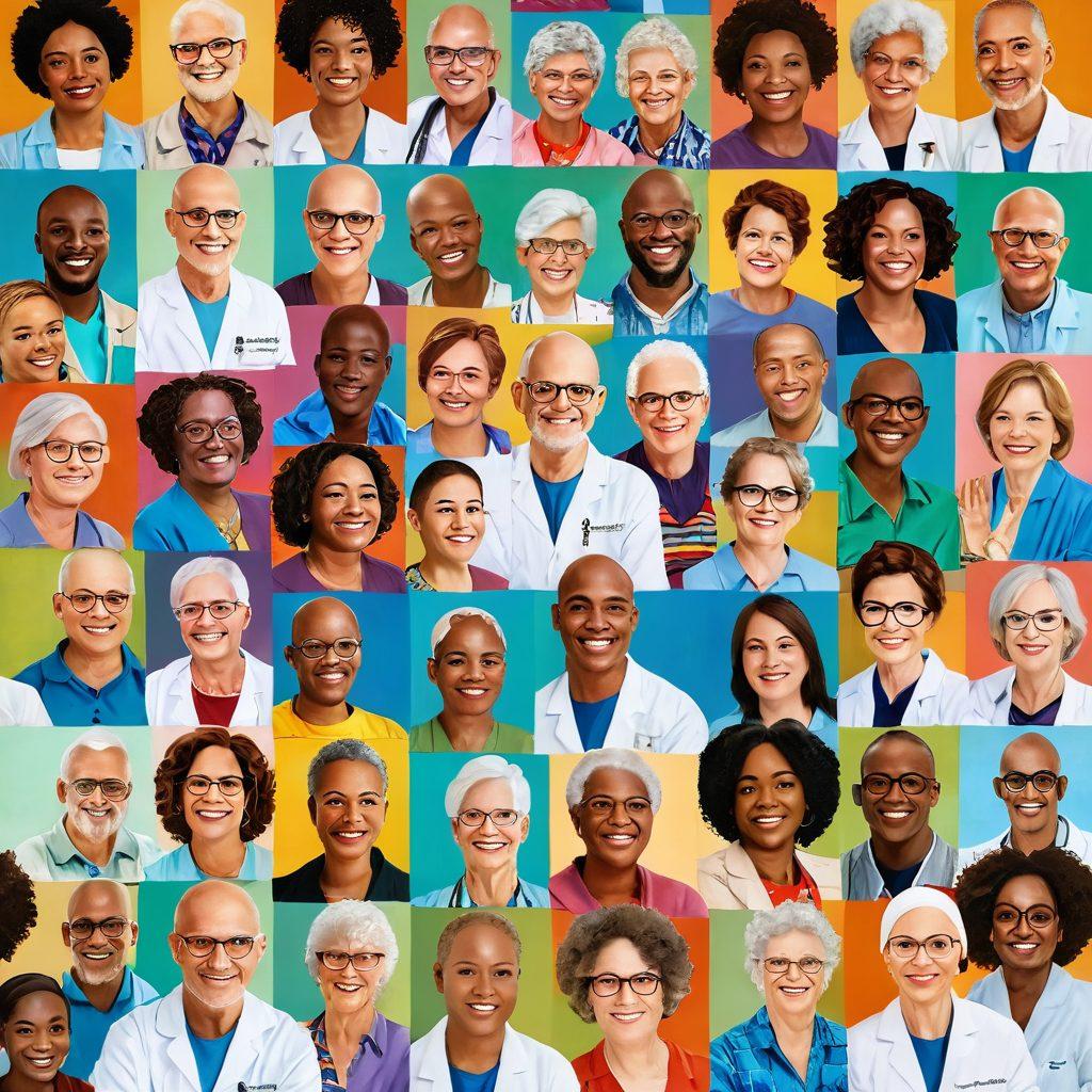 A vibrant collage depicting various individuals overcoming cancer, showcasing their resilience and strength. Include heartfelt scenes of a patient smiling with loved ones, a researcher in a lab working passionately on cancer treatments, and a support group circle filled with diverse participants. Use warm, uplifting colors to evoke hope and inspiration. super-realistic. vibrant colors. white background.