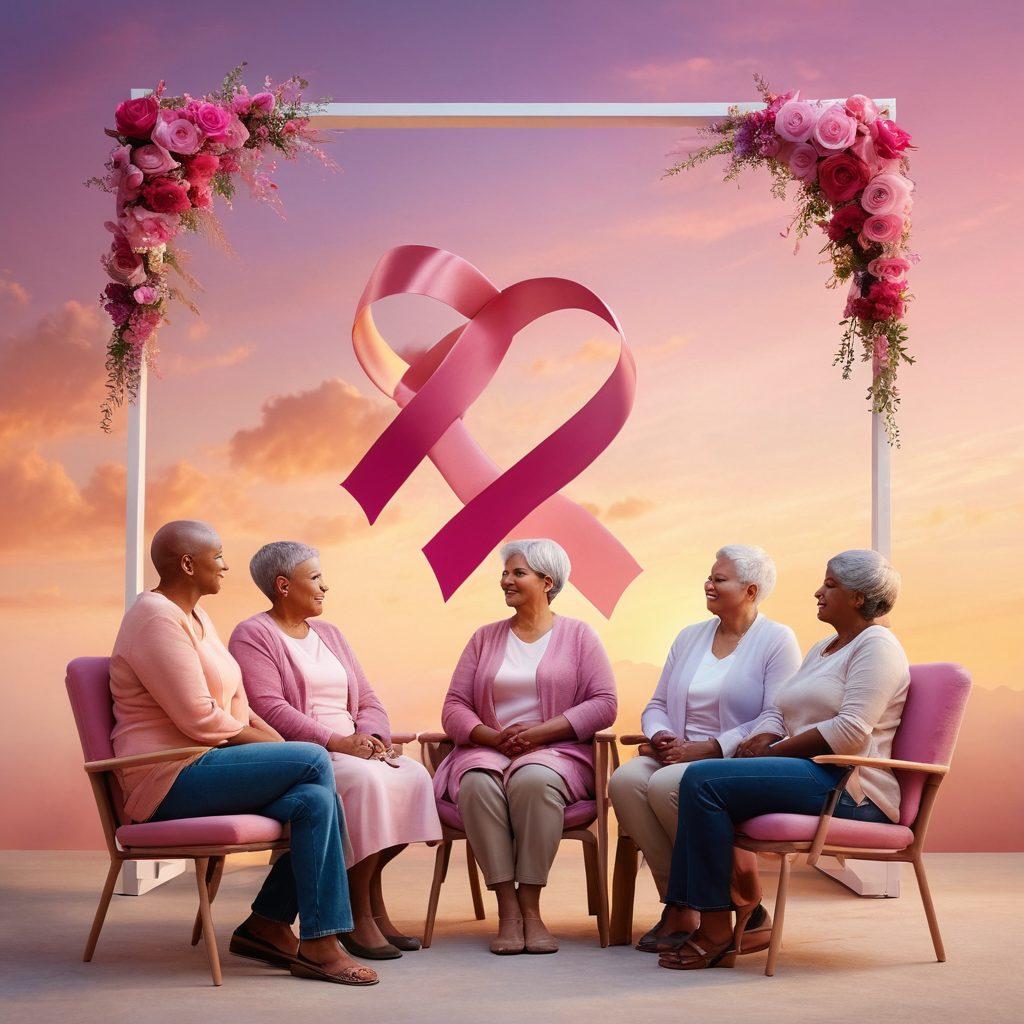 A diverse group of cancer survivors standing together, sharing stories of hope and resilience, surrounded by symbols of awareness like pink ribbons and vibrant flowers. The background features a soft sunset, symbolizing new beginnings, with hands coming together in unity. Include elements of support like cozy chairs and warm lighting to evoke a sense of community. super-realistic. vibrant colors. soft background.
