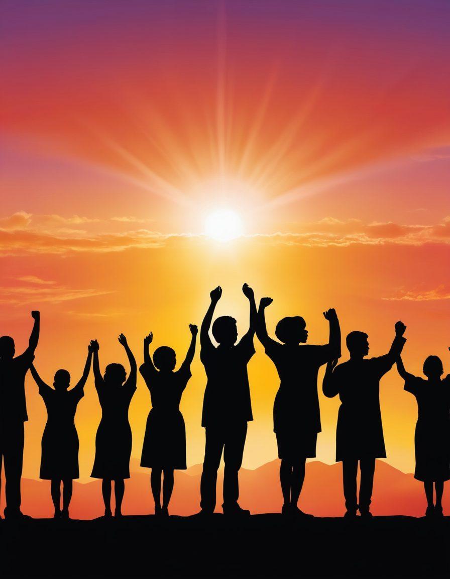 A silhouette of a diverse group of patients standing together, with their arms raised in unity, against a vibrant sunrise backdrop symbolizing hope and recovery. Text overlays illustrating key words like 'Diagnosis', 'Awareness', and 'Education' in an inspiring font. Incorporate symbols of medical knowledge like books and stethoscopes around them. bright and hopeful colors. vector art.